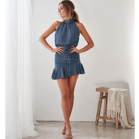 Two Sisters The Label Pip Mini Dress US 6 Ruched Ruffle Blue Polka Dot Cocktail - Picture 2 of 16